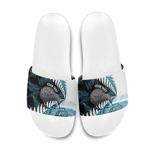 New Zealand Silver Fern Curling Personalised Slide Sandals Aotearoa Kiwi Ponga Paua Shell Version - Aussie Hoodie
