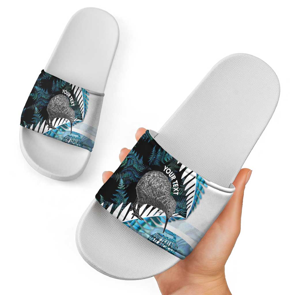 New Zealand Silver Fern Curling Personalised Slide Sandals Aotearoa Kiwi Ponga Paua Shell Version - Aussie Hoodie