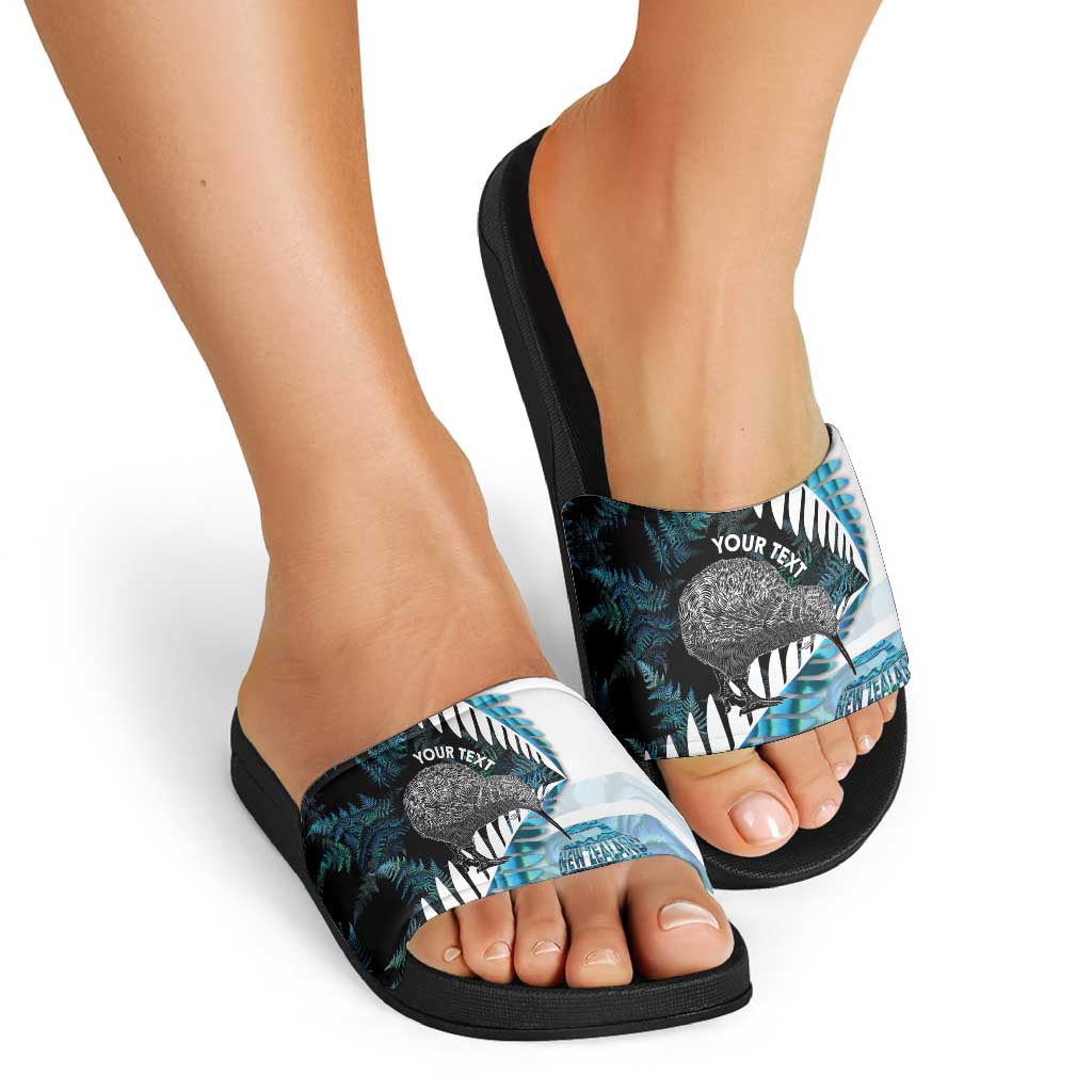New Zealand Silver Fern Curling Personalised Slide Sandals Aotearoa Kiwi Ponga Paua Shell Version - Aussie Hoodie