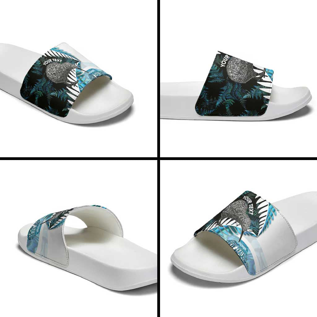 New Zealand Silver Fern Curling Personalised Slide Sandals Aotearoa Kiwi Ponga Paua Shell Version - Aussie Hoodie