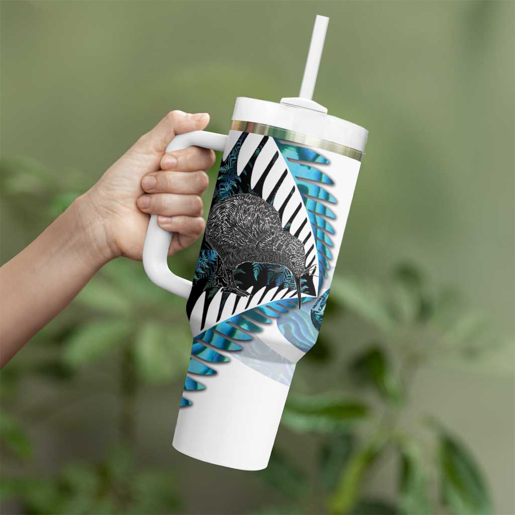 New Zealand Silver Fern Curling Personalised Tumbler With Handle Aotearoa Kiwi Ponga Paua Shell Version - Aussie Hoodie