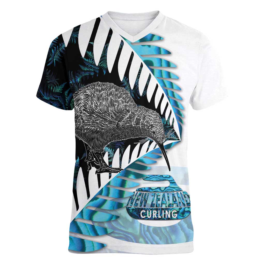 New Zealand Silver Fern Curling Personalised Women V-Neck T-Shirt Aotearoa Kiwi Ponga Paua Shell Version - Aussie Hoodie