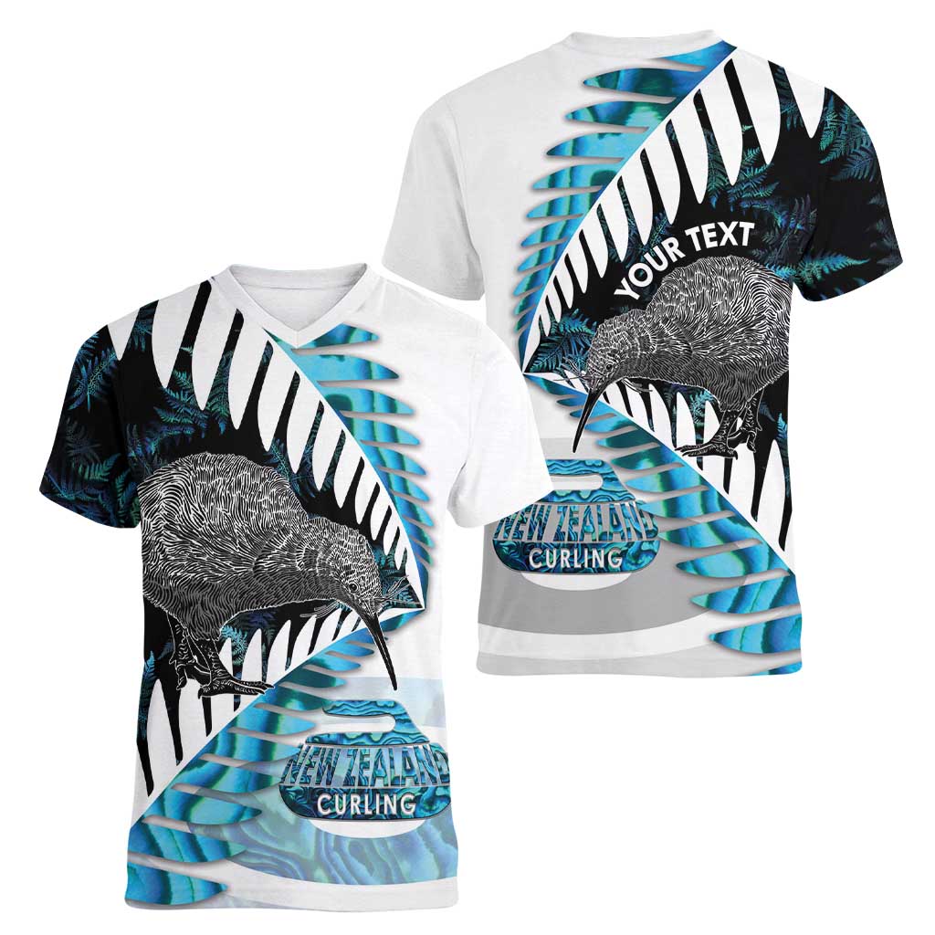 New Zealand Silver Fern Curling Personalised Women V-Neck T-Shirt Aotearoa Kiwi Ponga Paua Shell Version - Aussie Hoodie