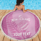 Custom New Zealand Silver Fern Rugby 2025 Beach Blanket All Black Aotearoa Maori Pink