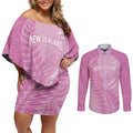 Custom New Zealand Silver Fern Rugby 2025 Couples Matching Off Shoulder Short Dress and Long Sleeve Button Shirt All Black Aotearoa Maori Pink