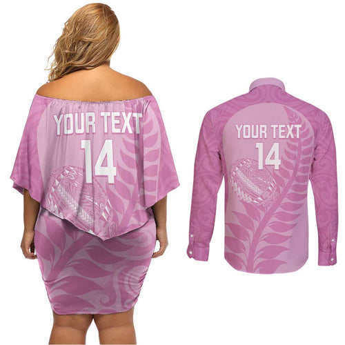 Custom New Zealand Silver Fern Rugby 2025 Couples Matching Off Shoulder Short Dress and Long Sleeve Button Shirt All Black Aotearoa Maori Pink