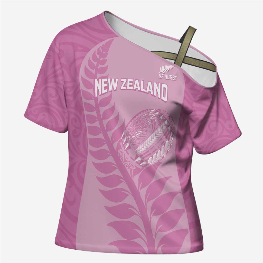 Custom New Zealand Silver Fern Rugby 2025 Cross Shoulder Shirt All Black Aotearoa Maori Pink - Aussie Hoodie