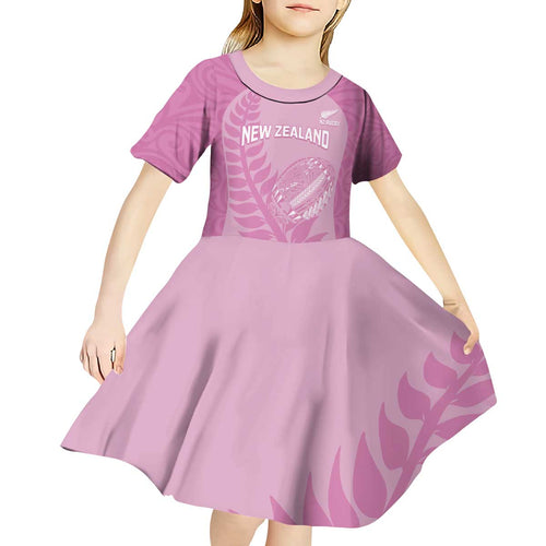 Custom New Zealand Silver Fern Rugby 2025 Kid Short Sleeve Dress All Black Aotearoa Maori Pink