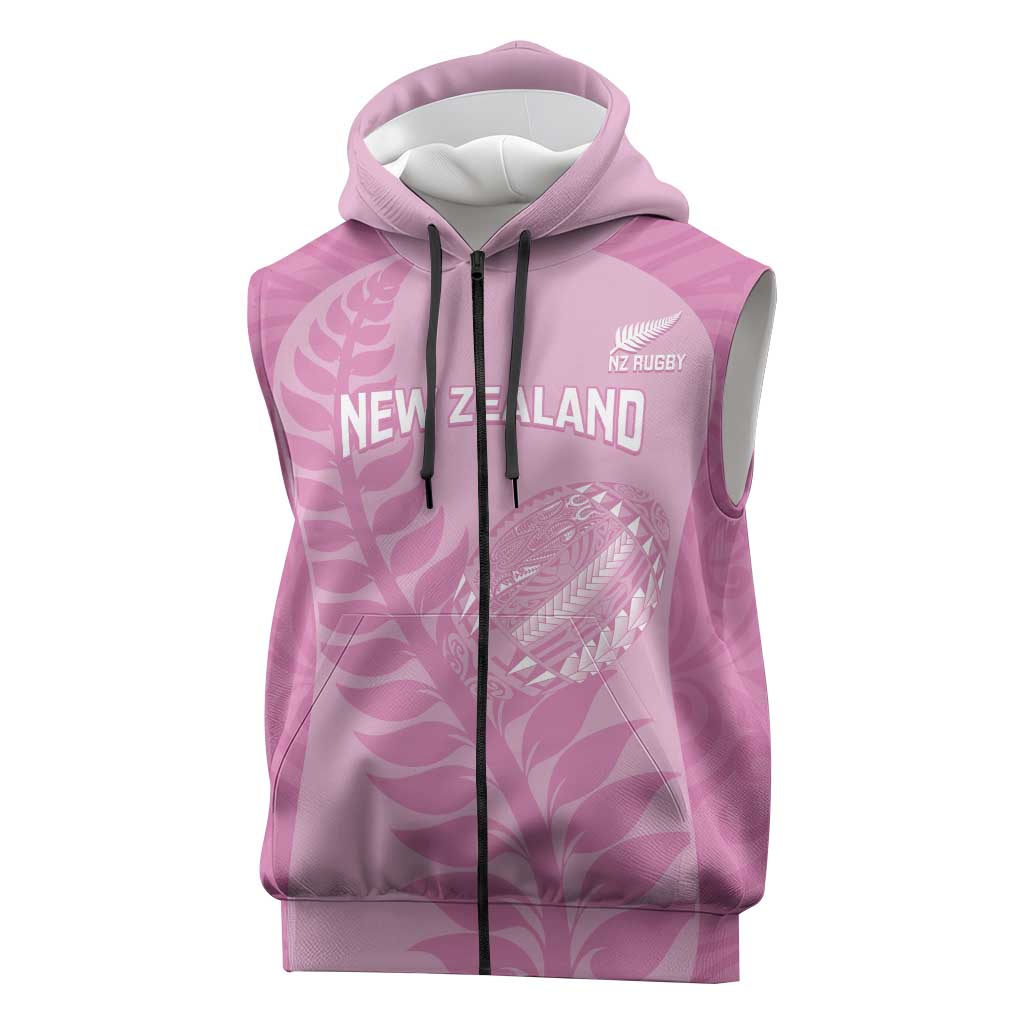 Custom New Zealand Silver Fern Rugby 2025 Sleeveless Zip Hoodie All Black Aotearoa Maori Pink LT14