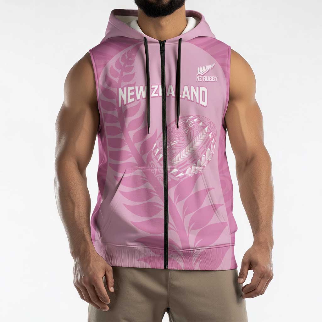 Custom New Zealand Silver Fern Rugby 2025 Sleeveless Zip Hoodie All Black Aotearoa Maori Pink LT14