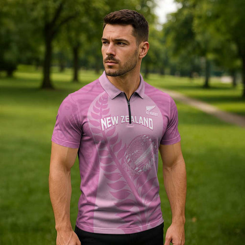 Custom New Zealand Silver Fern Rugby 2025 Zipper Polo Shirt All Black Aotearoa Maori Pink - Aussie Hoodie