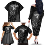 Custom New Zealand Silver Fern Rugby 2025 Family Matching Off The Shoulder Long Sleeve Dress and Hawaiian Shirt Go Champions Aotearoa Maori Black