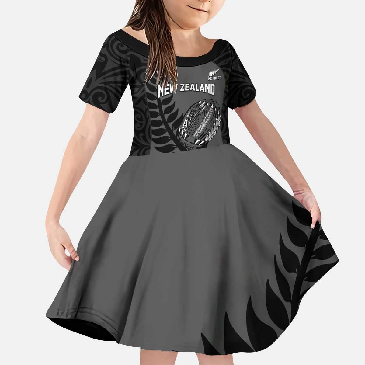 Custom New Zealand Silver Fern Rugby 2025 Kid Short Sleeve Dress Go Champions Aotearoa Maori Black