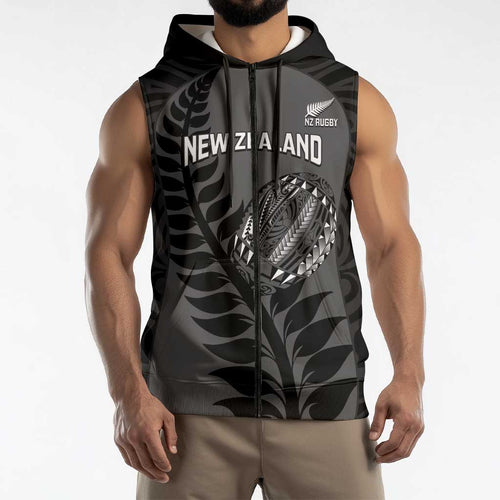 Custom New Zealand Silver Fern Rugby 2025 Sleeveless Zip Hoodie Go Champions Aotearoa Maori Black LT14