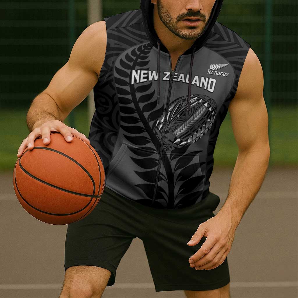 Custom New Zealand Silver Fern Rugby 2025 Sleeveless Zip Hoodie Go Champions Aotearoa Maori Black LT14