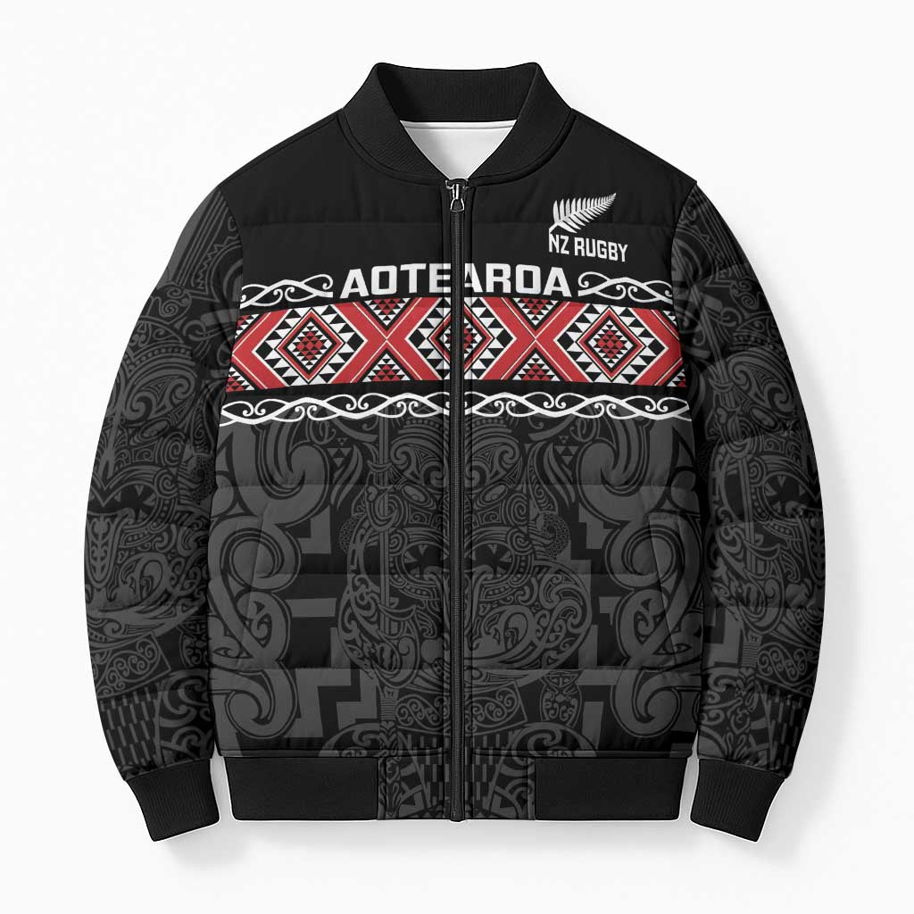 Custom New Zealand Silver Fern Rugby Bomber Puffer Jacket All Black Maori Taniko Pattern - Aussie Hoodie