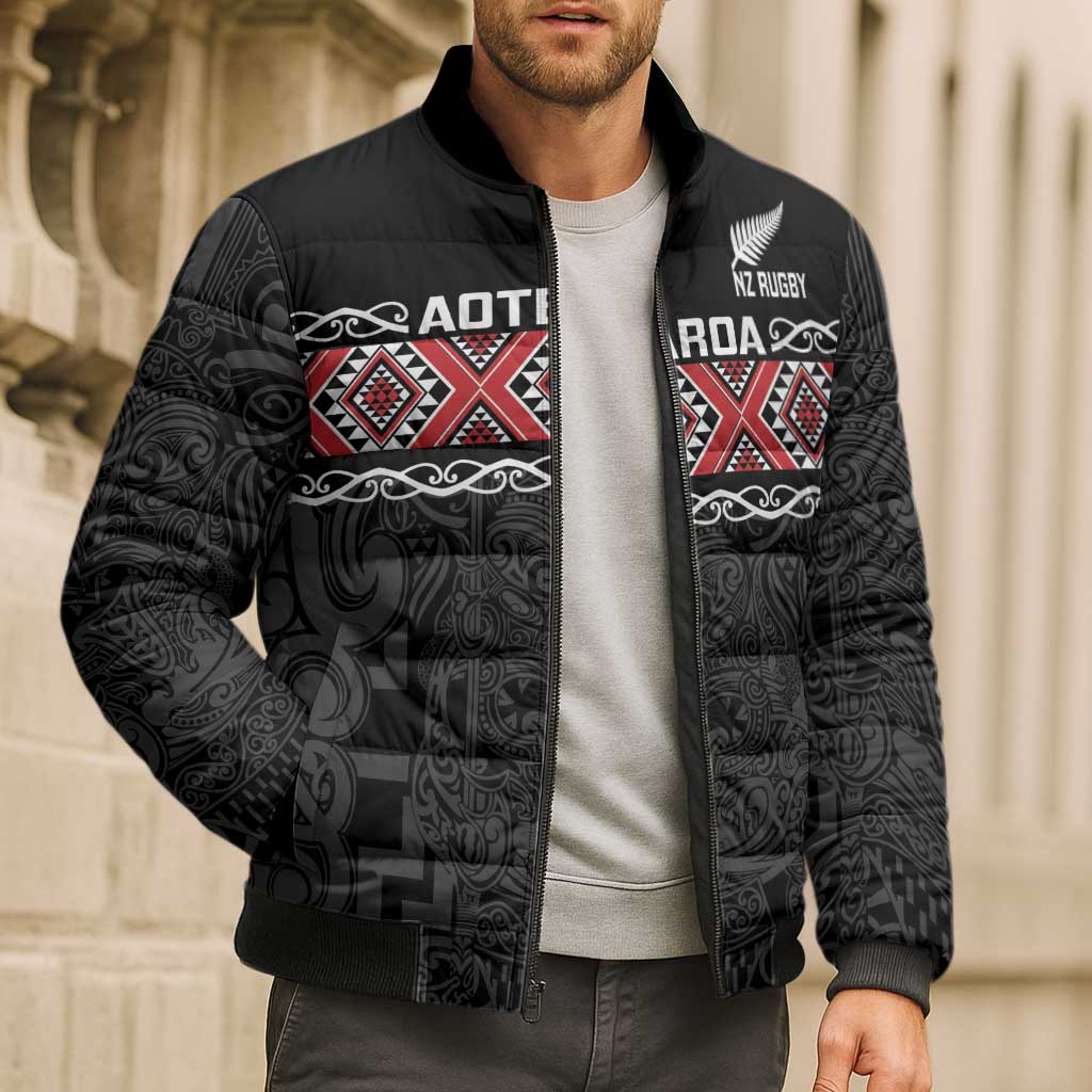 Custom New Zealand Silver Fern Rugby Bomber Puffer Jacket All Black Maori Taniko Pattern - Aussie Hoodie