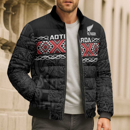 Custom New Zealand Silver Fern Rugby Bomber Puffer Jacket All Black Maori Taniko Pattern - Aussie Hoodie