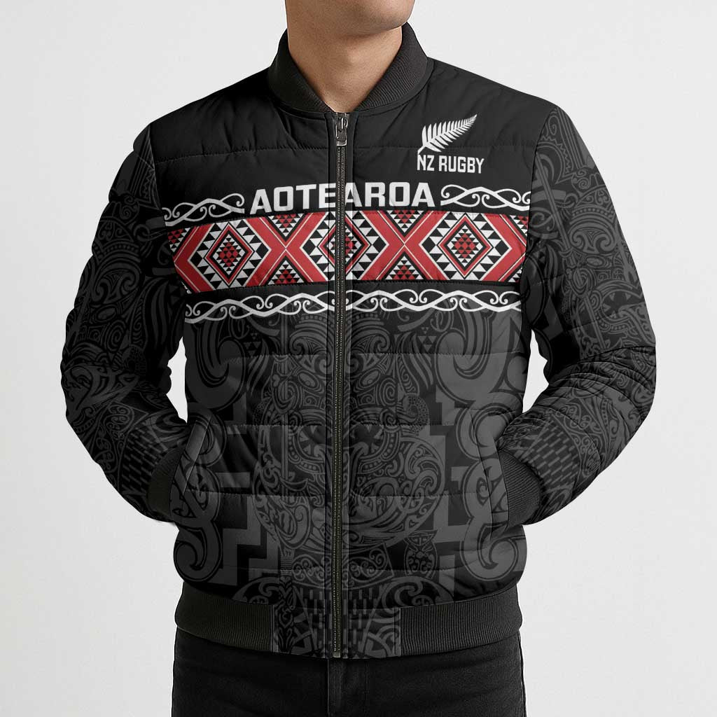 Custom New Zealand Silver Fern Rugby Bomber Puffer Jacket All Black Maori Taniko Pattern - Aussie Hoodie
