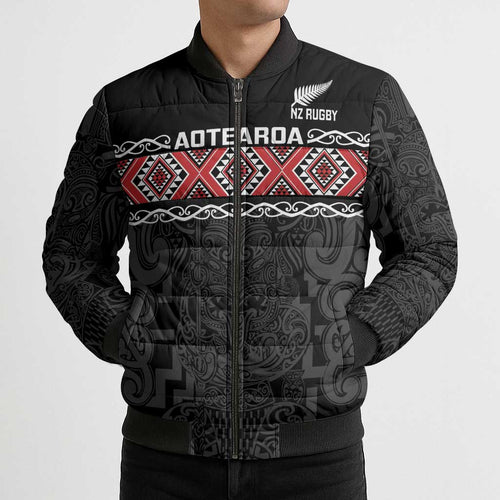 Custom New Zealand Silver Fern Rugby Bomber Puffer Jacket All Black Maori Taniko Pattern - Aussie Hoodie