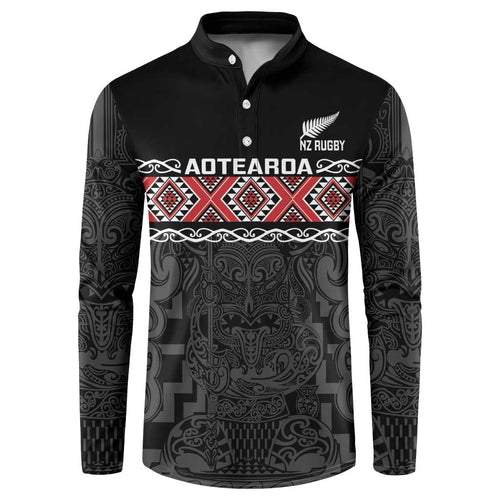 Custom New Zealand Silver Fern Rugby Button Sweatshirt All Black Maori Taniko Pattern