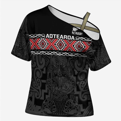 Custom New Zealand Silver Fern Rugby Cross Shoulder Shirt All Black Maori Taniko Pattern - Aussie Hoodie