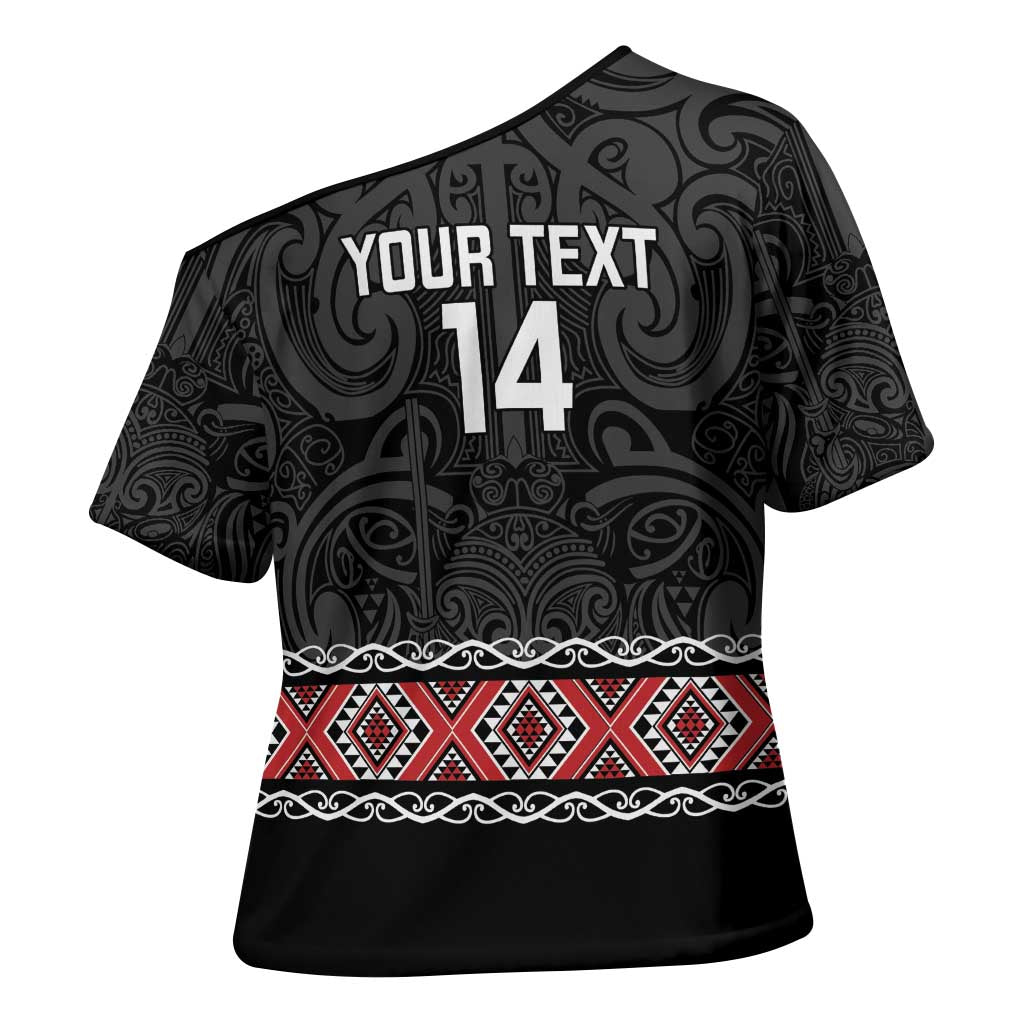 Custom New Zealand Silver Fern Rugby Cross Shoulder Shirt All Black Maori Taniko Pattern - Aussie Hoodie