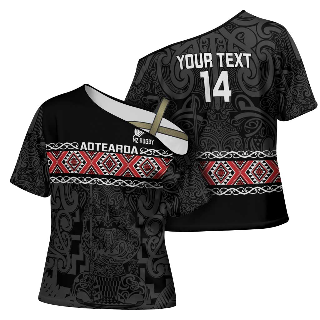 Custom New Zealand Silver Fern Rugby Cross Shoulder Shirt All Black Maori Taniko Pattern - Aussie Hoodie