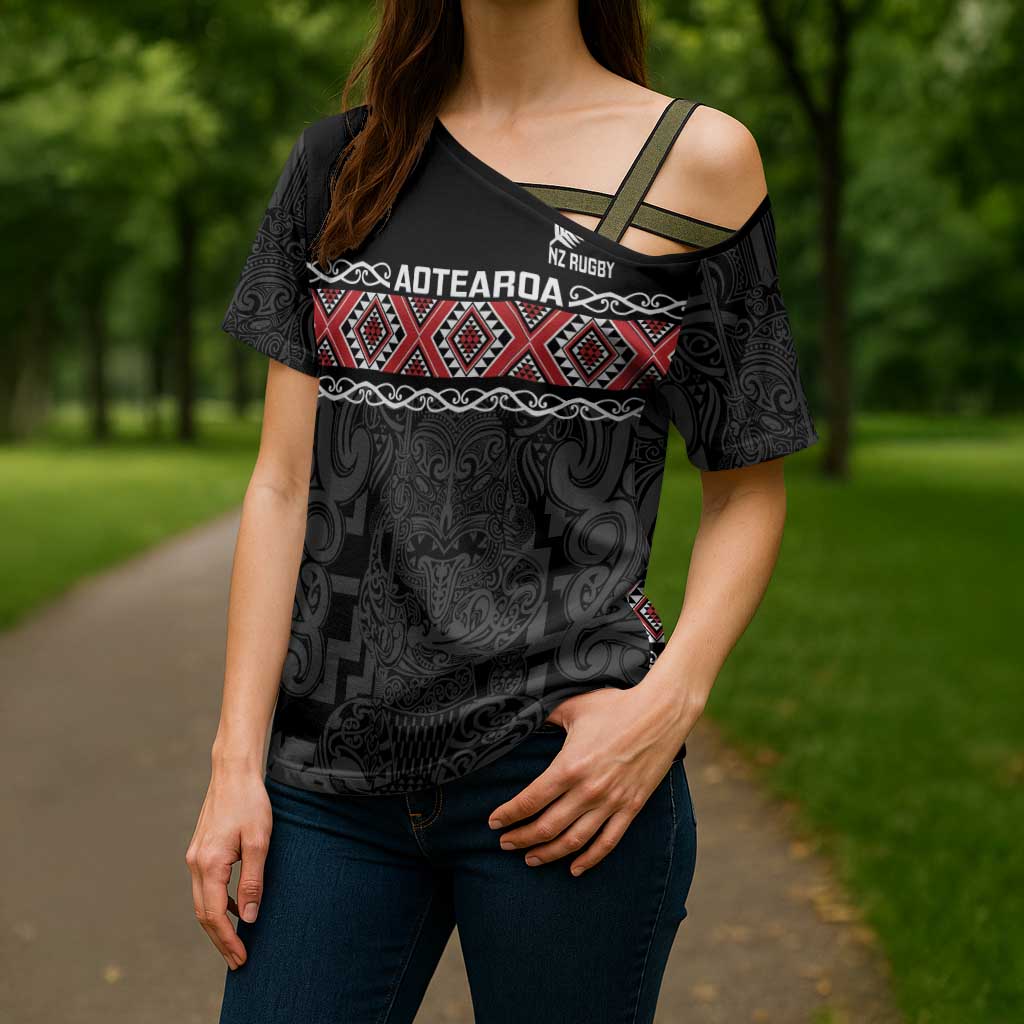 Custom New Zealand Silver Fern Rugby Cross Shoulder Shirt All Black Maori Taniko Pattern - Aussie Hoodie
