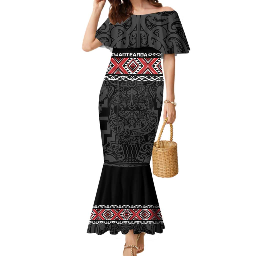 Custom New Zealand Silver Fern Rugby Family Matching Mermaid Dress and Hawaiian Shirt All Black Maori Taniko Pattern