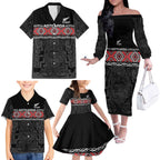 Custom New Zealand Silver Fern Rugby Family Matching Off The Shoulder Long Sleeve Dress and Hawaiian Shirt All Black Maori Taniko Pattern