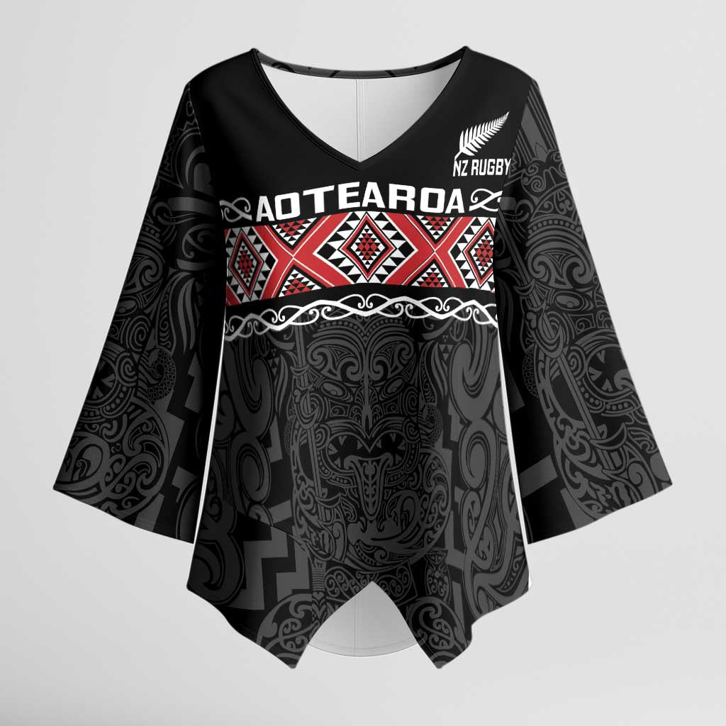 Custom New Zealand Silver Fern Rugby Kimono Sleeve Blouse All Black Maori Taniko Pattern - Aussie Hoodie