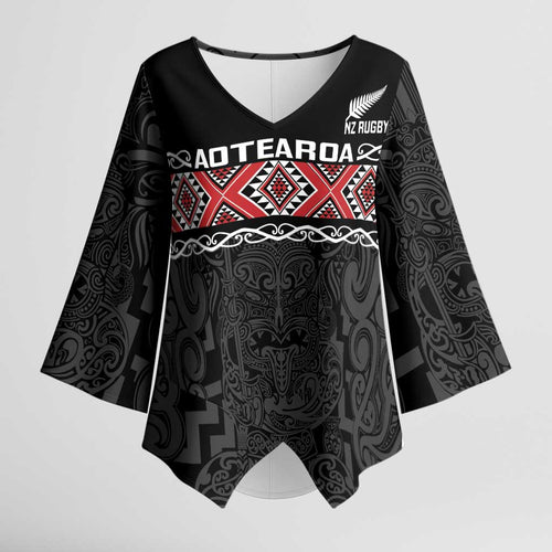 Custom New Zealand Silver Fern Rugby Kimono Sleeve Blouse All Black Maori Taniko Pattern - Aussie Hoodie