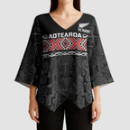 Custom New Zealand Silver Fern Rugby Kimono Sleeve Blouse All Black Maori Taniko Pattern - Aussie Hoodie