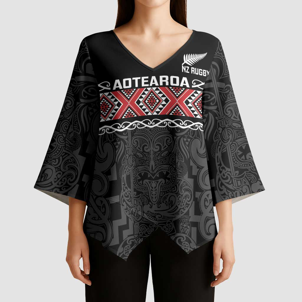 Custom New Zealand Silver Fern Rugby Kimono Sleeve Blouse All Black Maori Taniko Pattern - Aussie Hoodie