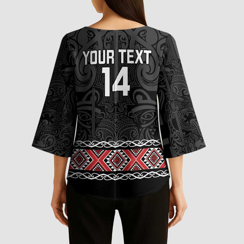 Custom New Zealand Silver Fern Rugby Kimono Sleeve Blouse All Black Maori Taniko Pattern - Aussie Hoodie
