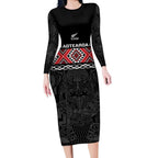 Custom New Zealand Silver Fern Rugby Long Sleeve Bodycon Dress All Black Maori Taniko Pattern