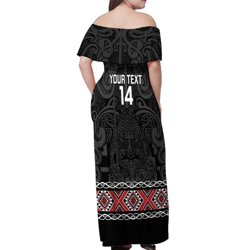 Custom New Zealand Silver Fern Rugby Off Shoulder Maxi Dress All Black Maori Taniko Pattern