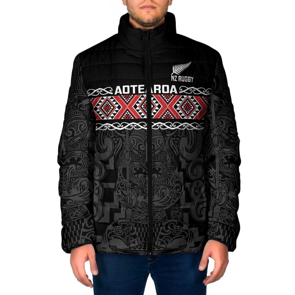 Custom New Zealand Silver Fern Rugby Padded Jacket All Black Maori Taniko Pattern - Aussie Hoodie