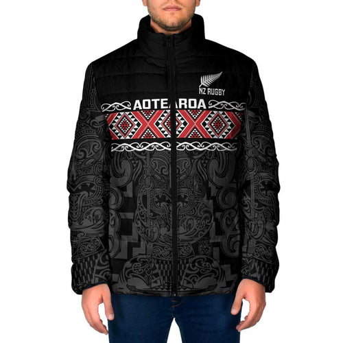 Custom New Zealand Silver Fern Rugby Padded Jacket All Black Maori Taniko Pattern - Aussie Hoodie