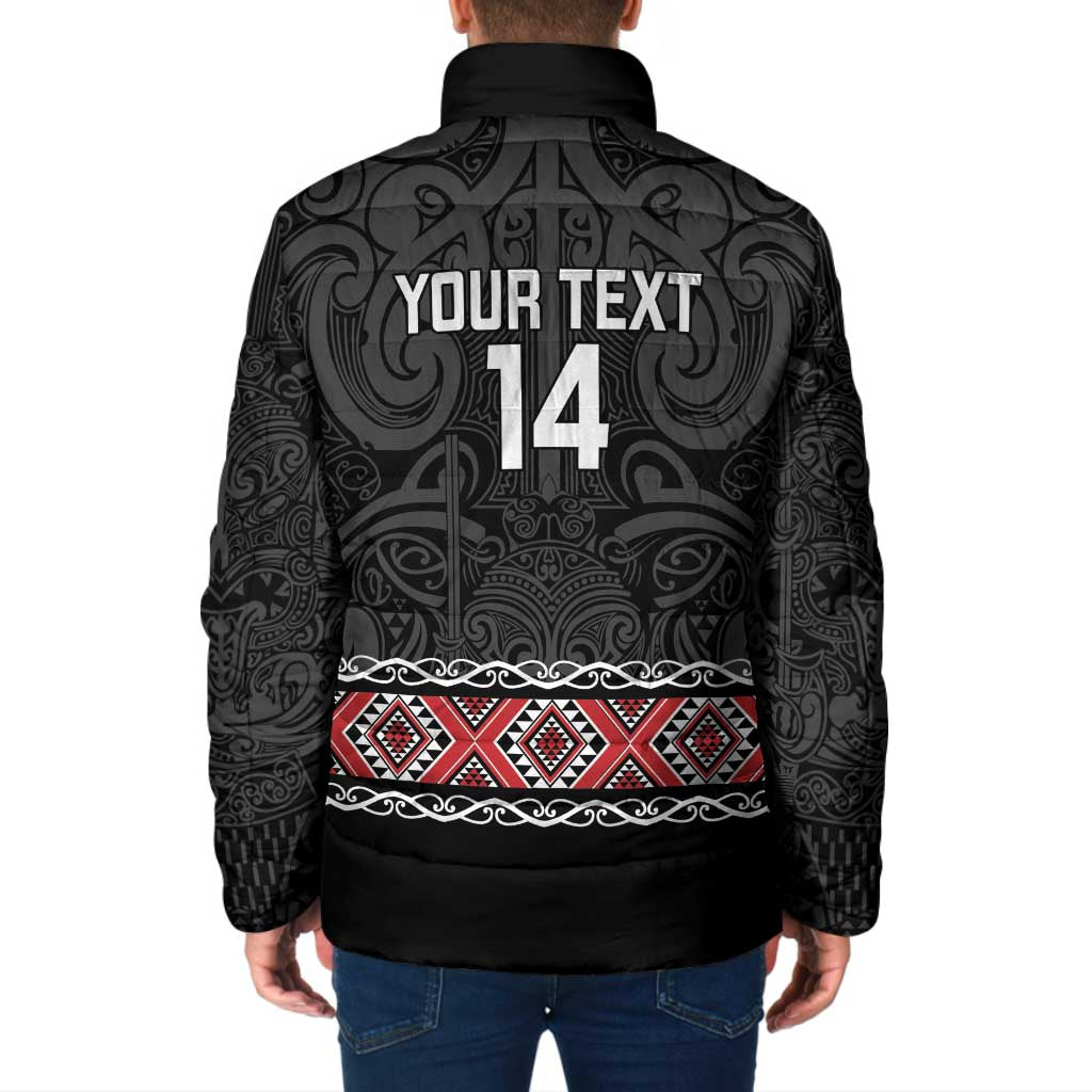 Custom New Zealand Silver Fern Rugby Padded Jacket All Black Maori Taniko Pattern - Aussie Hoodie