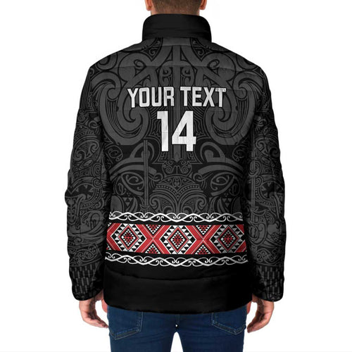 Custom New Zealand Silver Fern Rugby Padded Jacket All Black Maori Taniko Pattern - Aussie Hoodie