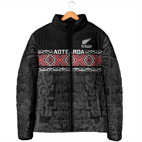 Custom New Zealand Silver Fern Rugby Padded Jacket All Black Maori Taniko Pattern - Aussie Hoodie