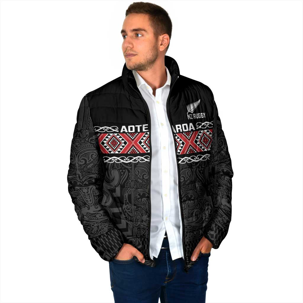 Custom New Zealand Silver Fern Rugby Padded Jacket All Black Maori Taniko Pattern - Aussie Hoodie