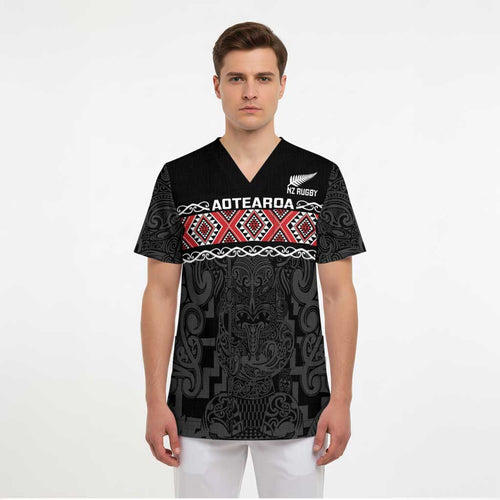 Custom New Zealand Silver Fern Rugby Scrub Top All Black Maori Taniko Pattern - Aussie Hoodie