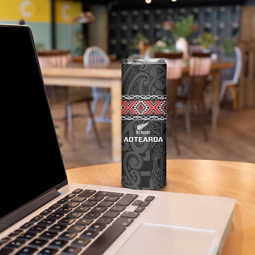 Custom New Zealand Silver Fern Rugby Skinny Tumbler All Black Maori Taniko Pattern