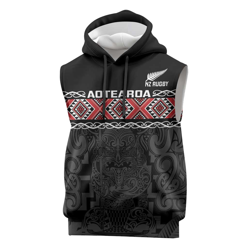 Custom New Zealand Silver Fern Rugby Sleeveless Hoodie All Black Maori Taniko Pattern - Aussie Hoodie