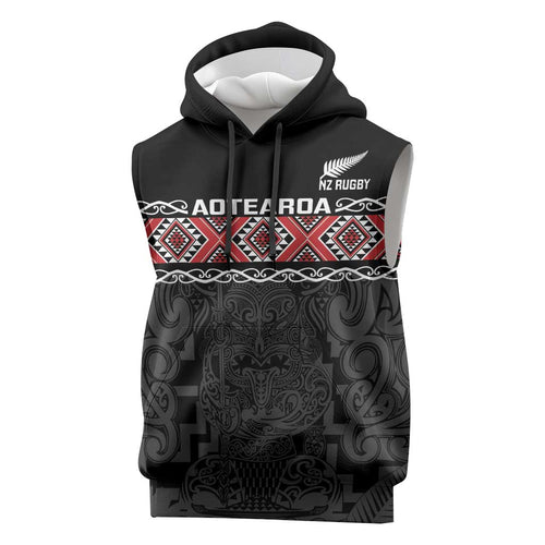 Custom New Zealand Silver Fern Rugby Sleeveless Hoodie All Black Maori Taniko Pattern - Aussie Hoodie