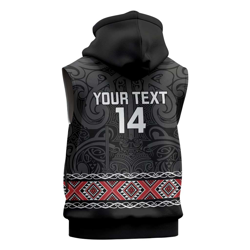 Custom New Zealand Silver Fern Rugby Sleeveless Hoodie All Black Maori Taniko Pattern - Aussie Hoodie