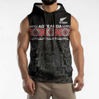 Custom New Zealand Silver Fern Rugby Sleeveless Hoodie All Black Maori Taniko Pattern - Aussie Hoodie